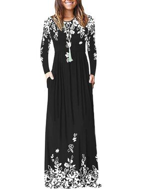Women's Butterfly Flower Crew Neck Long Sleeve Pull On Pockets Soft Maxi Dresses